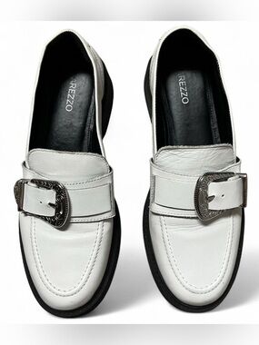 Arezzo Brazilian White Leather Western Buckle Heeled Loafers